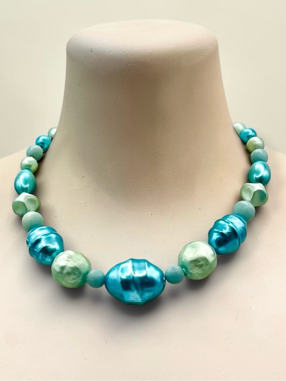 Vintage Japan Aqua & Pale Blue Beaded Statement Necklace Mid Century